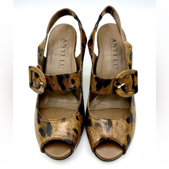 Anyi Lu Leather Animal Print Tulip Buckle Mary Jane Heel Sandals Made in Italy - Picture 3 of 9